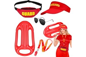 SelfTek 5 PCS Life Guard Accessories Kit Include Inflatable Float Prop Lifeguard Hat Fanny Pack Whistle Sunglasses Lifeguard Fancy Dress Lifeguard Costume for Women Men Beach Poor Halloween Party