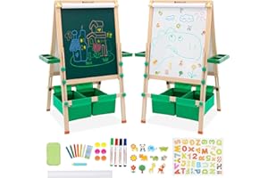HOMCENT Kids Easel,Wooden Art Easel for Kids with Paper Roll, Extra Large Easel Board (46 * 57cm),All-in-One Wooden Kid's Art Easel with Blackboard,Whiteboard,Painting Paper,Height Adjustable from 90 to 110