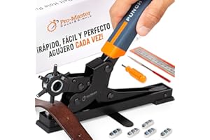 PRO-MASTER SMART & SIMPLE Perforadora de cuero de sobremesa para cinturón – diseño fácil de usar para correas de reloj y tiras de bolso, acero al carbono, 6 tamaños de perforación para tela, artesanía y bricolaje