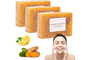 KUNOLI 3PCS Turmeric Soap Bar, Natural Turmeric and Kojic Acid Soap for Acne, Dark Spots, Hyperpigmentation, Smooth Skin, Handmade Exfoliating Bar for Face & Body