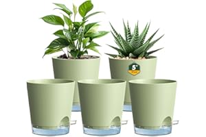 Homeuouz 12 cm Self Watering Pots With clear reservoir, 5 Pack Plastic Flower Pots with Drainage Holes and Saucer, Indoor plant pots for Herbs and All House Plants, Green
