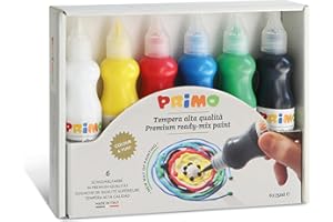 PRIMO - Tempere Lavabili per Bambini +3Anni con 6 Colori per Bambini Artisti da 75 ml Ergonomici con Dosatore, Colori a Tempera per Stoffa, Carta e Vetro, Pittura per Lavoretti Creativi Molto Coprente