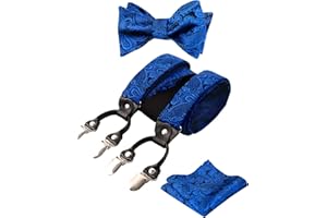 Alizeal Mens Self-Tied Adjustable Floral Paisley Bow Tie, Pocket Square and Elastic Y Shape 6 Clips Braces Set