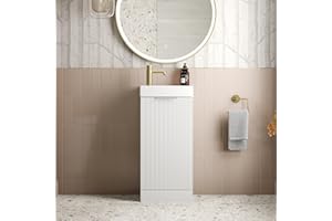 BAYSTONE® Fluted 400mm Bathroom Vanity Unit Ceramic Wash Sink, Cloakroom Storage Furniture Under Basin Cabinet Floorstanding Cupboard, Matt White