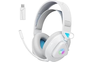 Awinnasey Cuffie Gaming Wireless con microfono, Cuffie da gioco Bluetooth sopra l'orecchio con luci RGB, Cuffie da gioco da 2,4 GHz wireless per PS5, PS4, Switch, PC, Mac, Bianco Blu