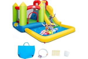 GOPLUS Aufblasbare Hüpfburg, Kinder Wasserpark, Wasserrutsche mit Kletterwand &Trampolin, Wasserpark inkl. Tragetasche, für Kinder 3-10 Jahre alt, für Garten Kinderspielplatz (Modell 1, Ohne Gebläse)