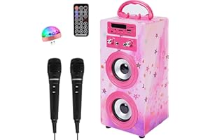 ‎DYNASONIC DYNASONIC Przenośna maszyna do karaoke, 2 mikrofony, głośnik Bluetooth, światła, czytnik USB i SD, prezent dla dzieci w wieku 5-13 lat (025-15 LIGHTS)