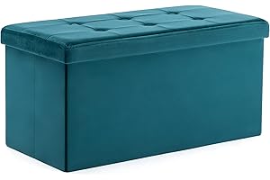 HNNHOME Storage Ottoman with Lid - 82 x 40 x 40 cm, Foldable Footstool with 109L Capacity, Velvet Chest, Bedroom Bench, Extra Seating Rectangular Ottoman for Hallway, Living Room (Teal, Large)