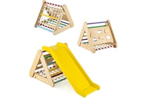 COSTWAY 4 in1 Set Arrampicata per Bambini, Triangolo Arrampicata Bambini con Scivolo, Giocattoli da Arrampicata in Legno con Rete, Carico 50kg, 1 Anni+ (Colorato)