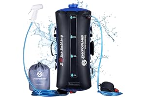 ZYXFORMIS Douches solaires Camping Propulsé Solaire 20L TPU Portable Sac avec Tuyau Amovible Long et Pression Pompe Buse de Affichage de la Thermomètre Pliable Léger Randonnée en Plein Air Escalade Sac de Bain