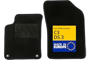 DBS – Tapis de Voiture - sur Mesure pour Citroën/DS C3 / DS3 (11/2009-07/2019) – Antidérapants avec Clips de Fixation – 4 Tapis Auto Avant/arrière – Moquette Noire