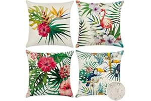 Artscope 4 Piezas Impermeables Funda de Cojines, de Exterior Funda de Almohada Cuadrado para Patio Balcón Jardín Sofá Oficina Hogar Decorativas 45x45cm, Plantas Tropicales, Flores y Pájaros