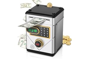 Vubkkty Piggy Bank for Boys, Digital Money Box Kids Safe with Password, ATM Piggy Banks Money Saving Box, Touchscreen Money Bank Cash Coin Can Safe Boxes, Girls Toys Age 6-12 Chirstmas Gifts(Silver)