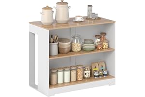 HOMCOM Table de Bar, Table Haute Cuisine à 3 Niveaux avec 2 Compartiments Ouverts, Plateau en Effet Bois Naturel, pour Salle à Manger et Cuisine, 113 x 60 x 90 cm, Blanc