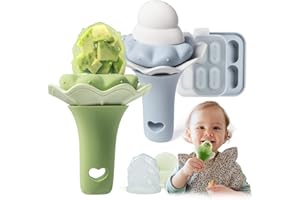 Moonkie chupete de frutas para bebés con bandeja de congelación, 2 piezas, a partir de 4 meses, bolsa de dos tamaños, mango con sonajero, silicona sin BPA