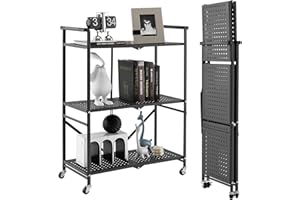 KOMFOTTEU Carrello Cucina Pieghevole a 3 Ripiani, in Mettallo, Scaffale Cucina con Ruote, Scaffale per Microonde, Forno, Tostapane, Carrello di Servizio Salvaspazio, 73 x 33 x 94 cm, Nero