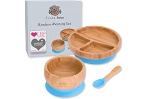 Bubba Bear ® Ensemble de sevrage pour bébé | Assiettes, bols et cuillères en bambou pour l'alimentation LED des tout-petits | Ensembles d'assiette, de bol et de cuillères pour bébés (Bleu bébé)