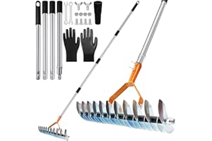 TZEKING Grabie Zgarniacz ze zdejmowanym uchwytem, 170 cm regulowany długi uchwyt ręczny kultywator ogrodowy, grabie do trawnika, grabie dmuchacz podwójny do czyszczenia martwej trawy