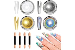 BISHENGYF Polvere Per Unghie Oro - Polvere Per Unghie Olografica Laser Scintillante POlvere UNghie Effetto Specchio Metallico Argento, Kit Di POlveri Glitter Con Bianco Perla, Decor Poudre Nail Art