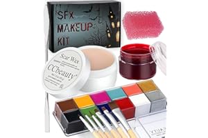 CCbeauty 12 Color Face Body Paint kit Oil, Fake Wound Scar Wax (1.6Oz), Fake Coagulated Blood Gel(0.63Oz), Spatula, 6 Wooden Brushes, Stipple Sponge, Halloween SFX Special Effects Stage Costume Makeup