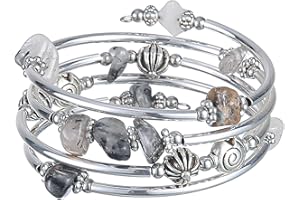 FULU AUTUMN Silver Beaded Bangle Bracelet for Women Handmade Boho Stacking Wrap Bracelet with Crystal Beads Costume Fashion Jewellery Gifts