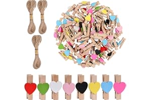 Catime 100 Pcs Mini Wooden Heart Pegs, 35mm Wooden Photo Display Clips, Small Wooden Craft Pegs with Heart, Arts Crafts Mini Clips with 30 Meters Jute Twine for DIY Decorations, Cards (Colorful)