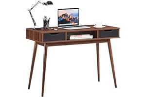 COSTWAY Biurko komputerowe z 2 szufladami i otwartą półką, nowoczesne biurko 110 cm, stół biurowy z litego drewna, stół konsolowy, do gabinetu, biura i salonu, brązowy