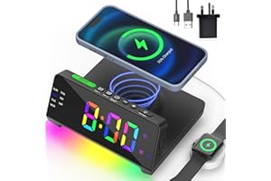 AUYLE Alarm Clocks for Bedrooms with Wireless Charger,Alarm Clock Bedside with 7 Colorful Night Light,Dual USB-C Ports,Dual Alarm,Calendar,Snooze,Loud Alarm Clock for Heavy Sleepers Adult Teens