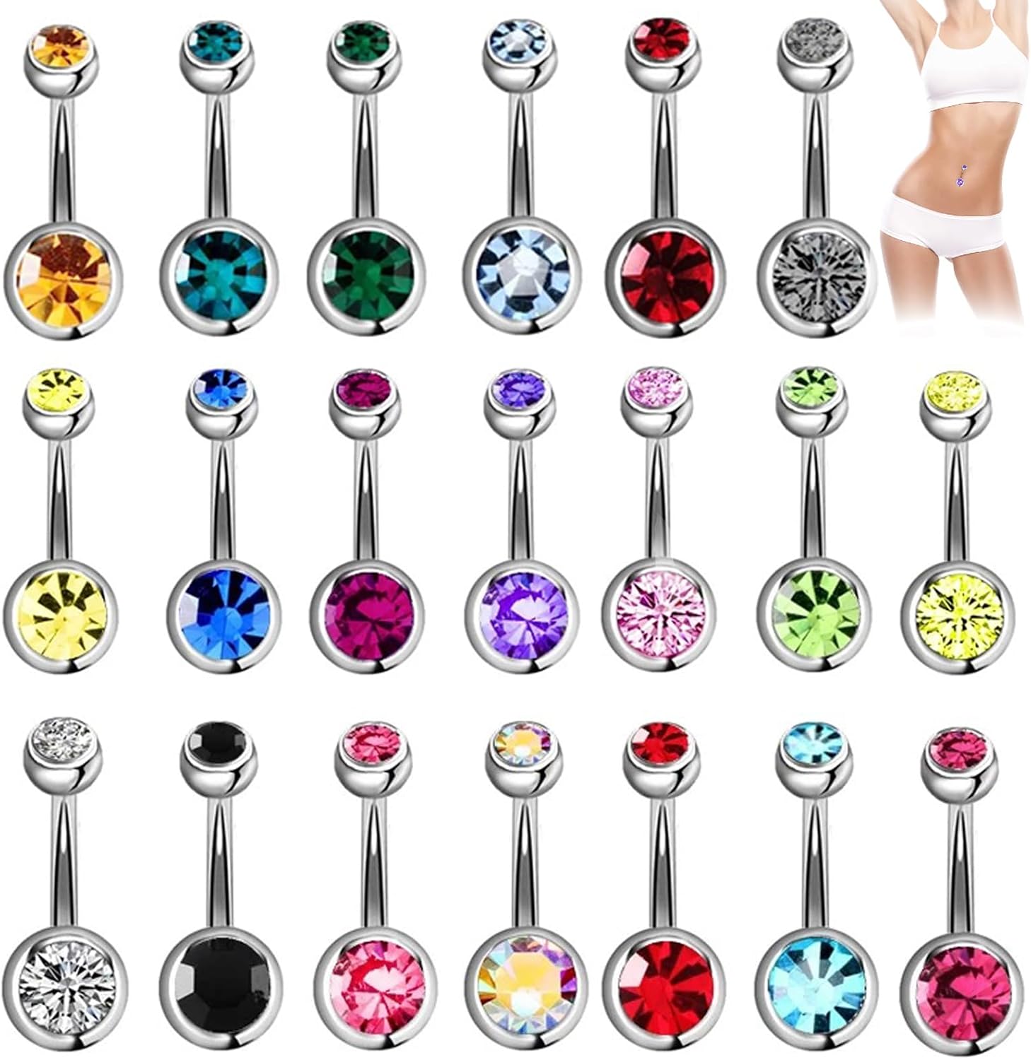 CocCCoon Stainless Steel Belly Rings - 20 PCS Navel Piercing Jewelry Hoops, Body Piercing Bars, Belly Button Rings