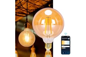 Aigostar Ampoule Connectee Alexa Vintage à Filament. E27 G125 6W Smart Bulb， 806LM， Blanc chaud Dimmable 2700K -6500K. Compatible Alexa et Google Home. Aucun HUB requis， WiFi 2,4 GHz