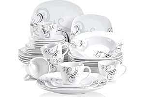 VEWEET ZOEY 30pcs Service de Table Porcelaine 6pcs Assiette Plate/Assiette à Dessert/Assiette Creuse/Tasse avec Soucoupes pour 6 Personnes Vaisselles Céramique Design Moderne Fleuri