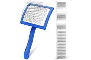 WOPQAEM Slicker Brush for Dogs, Long Pin Dog Grooming Brush for Goldendoodles, Poodles, Doodles & More, Includes Bonus Pet Comb, Perfect for De-Shedding, Dematting & Reducing Tangles. Large, Blue