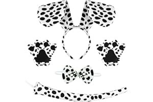 Kavoc 5Pcs Dalmatian Costume Set Black White Dog Ears Headband Bow Tie Tail Gloves for Animal Themed Party Dress Up Supplies