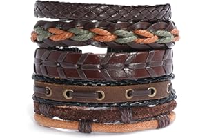 TuseRxln Braided Leather Bracelets Adjustable Fashion, 6pcs Punk Braided Men & Women Rope Bracelet for Men Women Wood Beads Bracelet