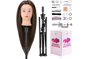 NEVERLAND BEAUTY & HEALTH Neverland Cabeza Maniqui Peluqueria con Soporte - 71cm 60% Cabeza para Peinar Cabello humano, Cabeza de muñeca para Peluquería, Cabeza de Entrenamiento con Soporte + Set de Trenzado(Marrón)