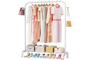 LOEFME Appendiabiti da Terra, 110x 150 x 40 cm, Appendiabiti Resistente, Portata Massima 20 kg, con Portascarpe, Facile da Montare, Bianco