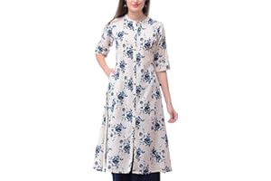Ladyline Kurti Kurta Damen-Tunika-Oberteil aus Baumwolle, ethnisch, bedruckt, vorne mit Schlitz, aufrollbare Ärmel, Knopfleiste, Halstasche, lang
