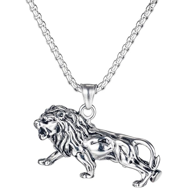 Collier Homme Cuir Avec Pendentif Lion En Acier Inoxydable - Longueur 52 Cm - Présenté Dans Une Pochette Velours