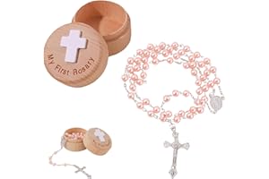 IUIIAII Rosary Beads Necklace, Baptism Gifts for Girls Christening Gifts for Girls, Christening Presents for Girls with Box, Pink Rosary Necklace First Holy Communion for Baby Baptisms Party Gift
