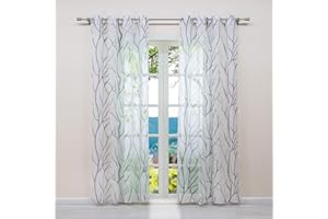 ESLIR Firanki z oczkami, przezroczyste, z oczkami i wzorem gałęzi, woal, biało-szary, szer. x wys. 140 x 225 cm, 1 sztuka