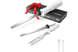HAUSHOF Cordless Electric Carving Knife Set - 8V Rechargeable with 2 Stainless Steel Blades & Fork - Essential for Thanksgiving Turkey, Sunday Roast, Ham & Bread - White