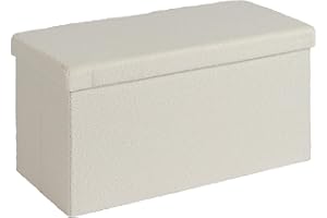 Home Source Folding Ottoman Boucle Teddy Bear Fabric Storage Chest, Cream, 76cm Rectangle