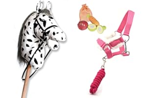 HORSE ACADEMY Hobby Horse Blanc Appaloosa pour Hobby Horsing pour Enfants et Adolescents de 7 à 20 Ans- Cheval bâton avec Filet, rênes + Recompenses et Licol moumoute