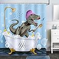 Bonhause Funny Dinosaur Shower Curtain Dino Bubbles in Bathtub Bathroom Curtain 180 x 180 cm Waterproof Mildew & Mould Resistant Polyester Fabric Bath Curtain with 12 Hooks