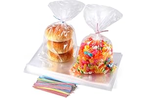 ihaspoko 100 Pièces Sacs en Plastique Transparent avec 100 Liens Torsadés pour Bonbons Biscuits Bonbons (25x15cm)