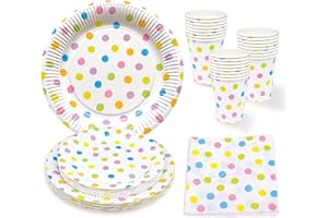 BFB Pappteller, Dessertteller, Servietten, Pappbecher 96 Stück Partygeschirr Set Gepunktet Bunt für Kindergeburtstagsparty Geburtstag Tischdekoration Geschirrdekoration