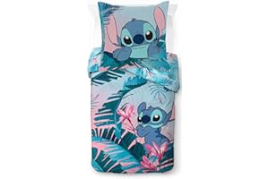 Jay Franco Disney Lilo und Stitch blumige Bettwäsche für eine Person – Kinderbettwäsche Set inklusive 80 x 80 cm Kopfkissenbezug, maschinenwaschbare Baumwollbettwäsche