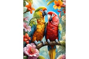QINRUBB 5D Perroquets Peinture Diamant Painting Kit, DIY Fleurs Art du Diamant Complet Kits, Oiseaux D'amour Diamond Art Strass Point de Croix Painting pour Adultes Débutants Maison Décoration 30X40cm