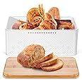 Dyserbuy Bread Bin, Bread Bins for Kitchen, White Bread Bin with Bamboo Lid, Metal Box, Bread Storage Container, 33x18x13.5 cm