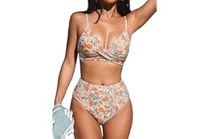 CUPSHE Damskie zestawy bikini dwuczęściowy strój kąpielowy z wysokim stanem dekolt w serek skręcony przód regulowane ramiączka spaghetti strój kąpielowy